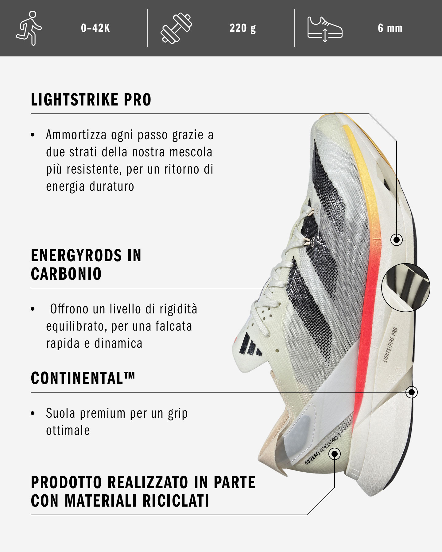 Scarpe running ADIDAS ADIZERO ADIOS PRO 3 M - Grigio - 1 | Cisalfa Sport